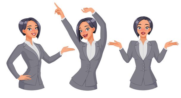 Pretty businesswoman showing, dancing, shrugging. Full size under clipping mask. Set of vector illustrations. - ベクター画像