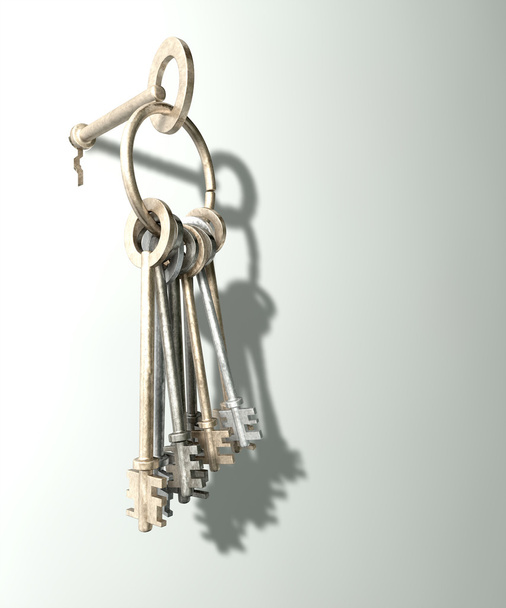 egy sor régi kulcsok-ra egy karika lóg egy behelyezett-ba egy kulcs lyukon, a fal fehér háttér - Fotó, kép