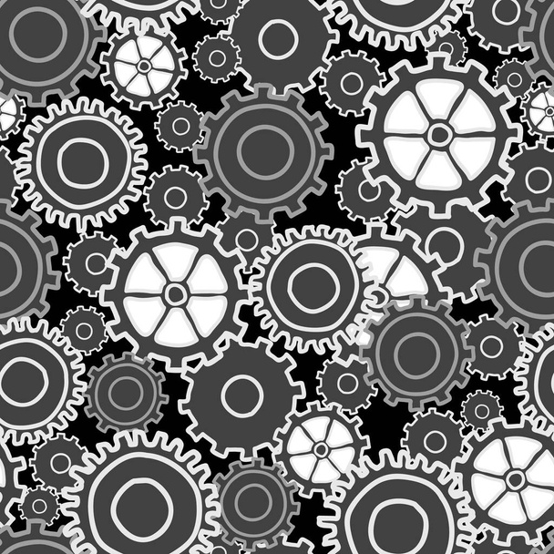 Getriebe Collage vieler Größen und Stile von Getrieben in neutralem Schwarz Weiß und Grau nahtlose Wiederholung Vektormuster - Vektor, Bild