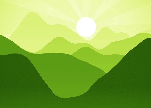 Amanhecer verde - Montanha janela vista paisagem - Raios de fundo - Manhã nebulosa
 - Foto, Imagem