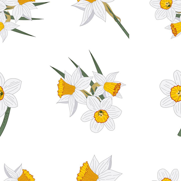 Floral seamless pattern. Spring background. Bunches of daffodils. Color image. Decor element. Vector illustration. - Vektör, Görsel