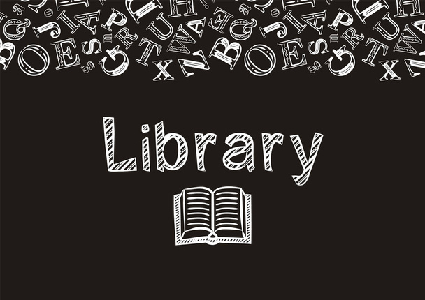 Chalk-style library screen saver. The name Library and the background of the letters are made with white strokes on a black background. Vector illustration for poster, banner or app design. - Vektor, obrázek