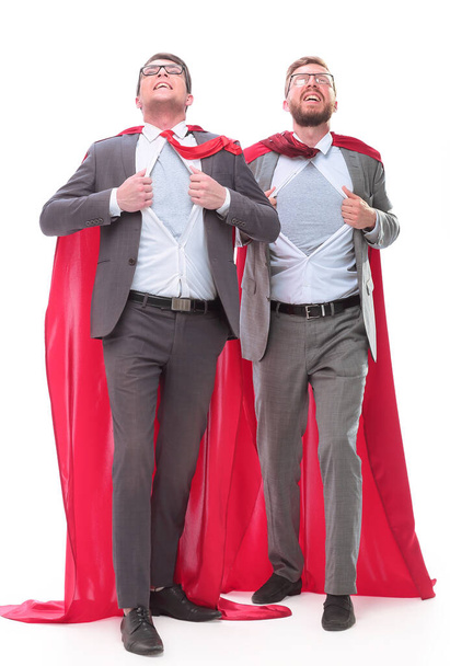 two business colleagues in red capes standing in Superman pose - Фото, зображення