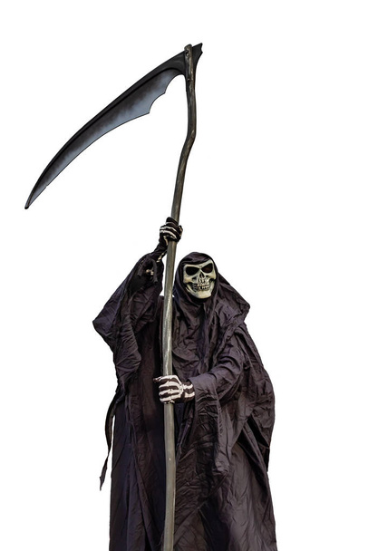 a scythe, dressed in black, on a white background - Photo, Image