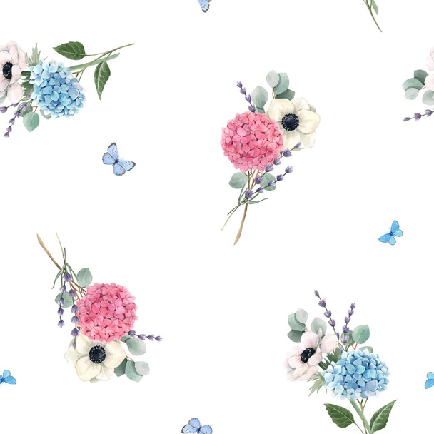 Beautiful vector seamless pattern with watercolor pink, blue, violet hydrangea flowers and white anemones with lavander. Stock illustration. Floral background. - Vector, Image