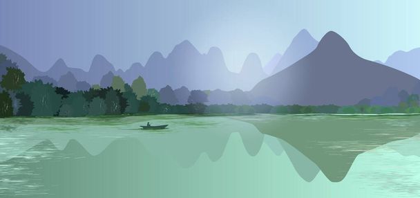 Abstrakte Landschaft mit Bergen, Wald und Wasser, See. Auf dem Wasser ein kleines Boot mit der Silhouette eines Mannes. Plakat, Plakatwand, Vektorillustration. - Vektor, Bild