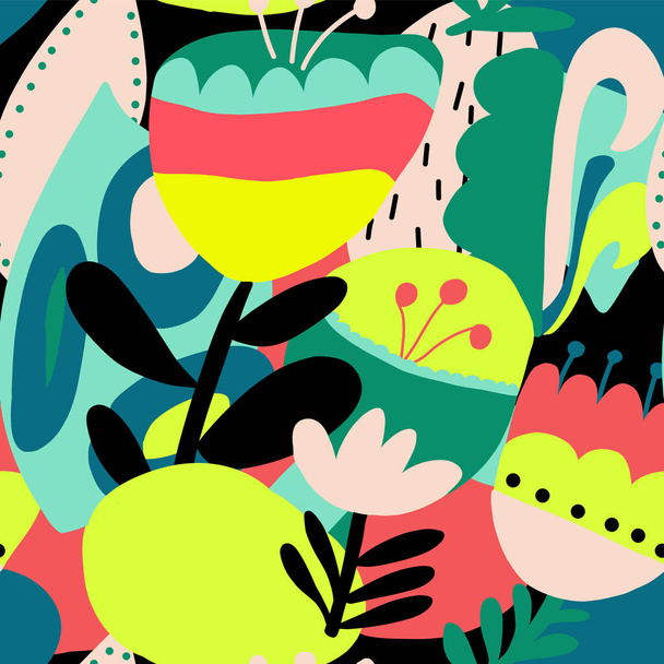 Abstract floral summer collage seamless vector pattern. Contemporary shapes and doodles background bright pink teal lime green yellow black. Abstract elements leaves, flowers. Modern backdrop . - Vector, Image