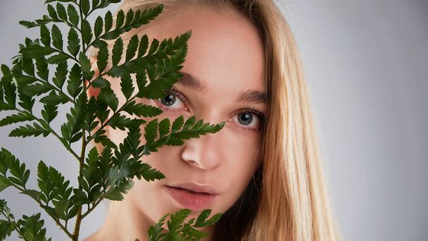 Natural organic skin care, the concept of harmony with nature, green long fern leaves grass near the face. portrait of beauty ladies. Young beautiful woman with clean sparkling skin of face and body. - Foto, Bild