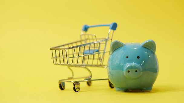Hucha con cesta sobre fondo azul. compras en línea, el ahorro de su presupuesto familiar
 - Foto, Imagen