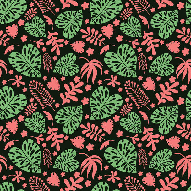 Seamless pattern of tropical leaves, flowers and plants on a black background. Bright botanical background of pink and green plant elements. Floral hand drawn Scandinavian style in a flat vector. - Vektor, obrázek