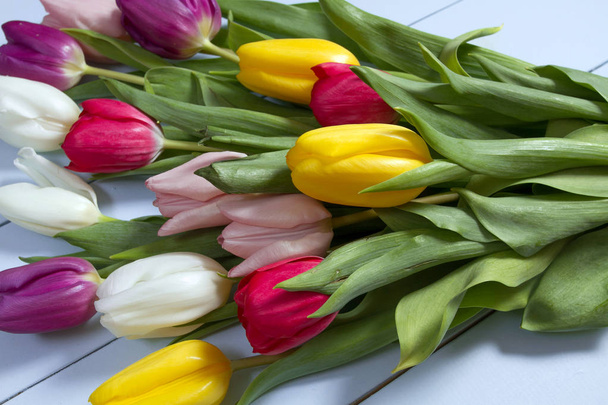 Yerde bir buket renkli lale. Bir kadın gününe hediye. Bahar laleleri çiçek arka planı - Fotoğraf, Görsel