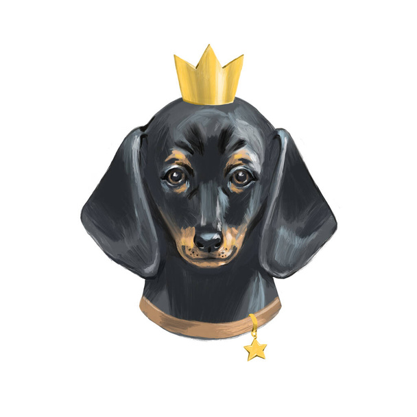 Бассет Хаунд Гіппі Портрет в золотій голові корони. Цифрова ілюстрація. - Фото, зображення