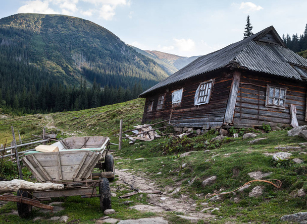 Casa de pastores de madera en los Cárpatos ucranianos con carro de madera cerca
. - Foto, Imagen