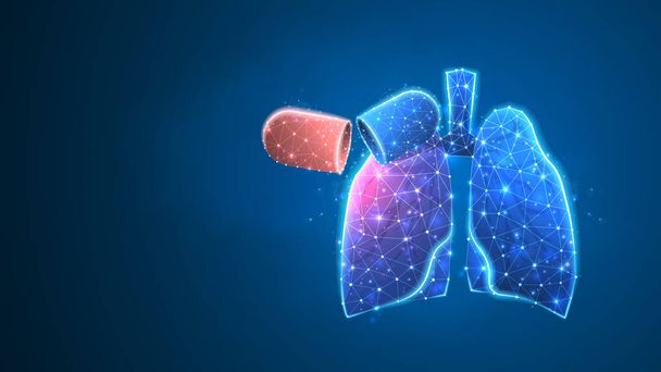 menschliche Lungen mit Viruszellen. Epidemiestämme, Lungenentzündungen oder Atemwegserreger. abstraktes polygonales Bild auf blauem Neon-Hintergrund. Low-Poly, drahtgebundene digitale 3D-Vektordarstellung - Vektor, Bild