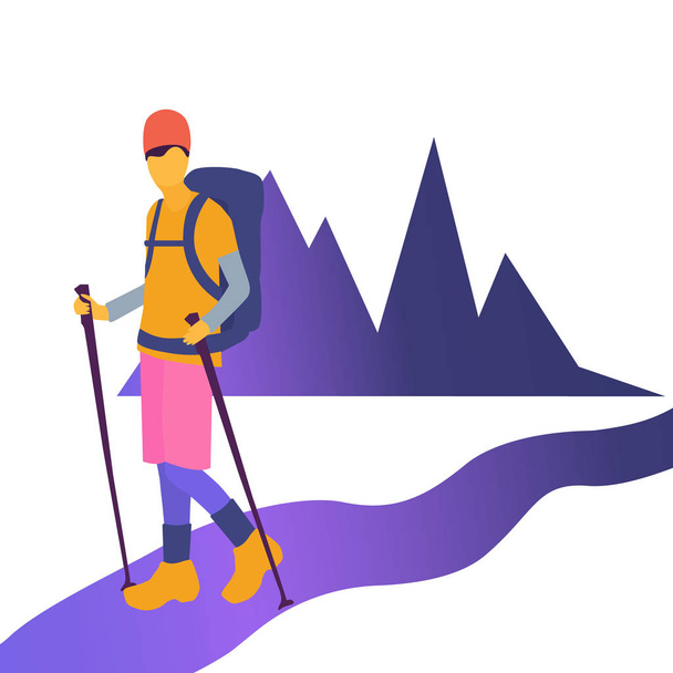 Mężczyźni z kijami trekkingowymi idą w góry. Aktywni mężczyźni z plecakami wędrujący, zwiedzający dziką przyrodę, trekking. Ilustracja wektora płaskiej kreskówki. - Wektor, obraz