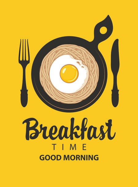 Vector banner with inscription Breakfast time. Flat illustration with appetizing pasta, fried eggs Sunny side up in a black frying pan with fork and knife in retro style. Morning banner or menu - Vettoriali, immagini