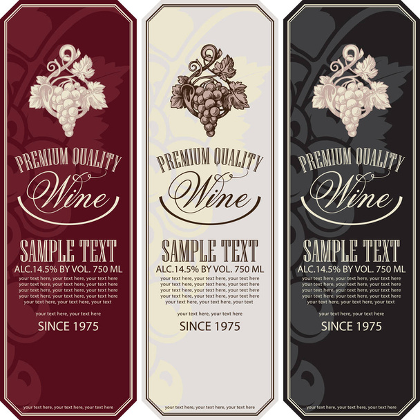 Conjunto vectorial de etiquetas verticales de vino con racimos de uvas, inscripciones caligráficas y lugar para texto en estilo retro
. - Vector, imagen