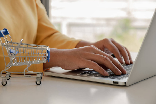 Jonge dame gebruikt credit cards en laptops voor online winkelen en het maken van betalingen het internet. - Foto, afbeelding