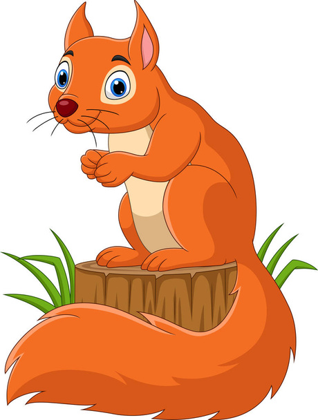 Vector illustration of Cartoon funny squirrel on tree stump - Вектор,изображение