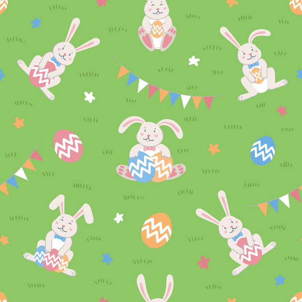 Patrón sin costura de Pascua. Conejitos de dibujos animados de Pascua y huevos sobre fondo verde. Ilustración de vector de estilo plano
 - Vector, imagen
