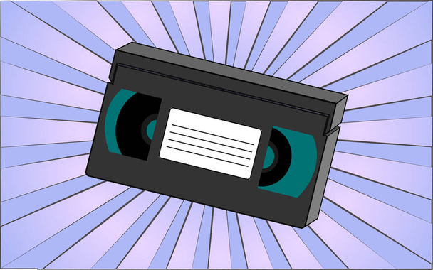 70 'lerden, 80' lerden, 90 'lardan, 2000' lerden kalma antika hippi video kaseti soyut mavi ışınların arka planına karşı. Vektör illüstrasyonu - Vektör, Görsel