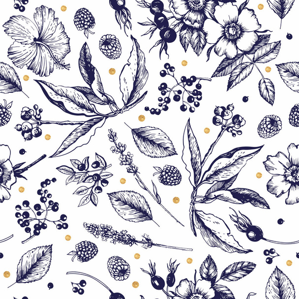 Graphic seamless with botanical sketches. Flowers, buds, fruits, leaves, branches. Vector illustration. Manual graphics. Seamless pattern for decorating various surfaces. - Vettoriali, immagini