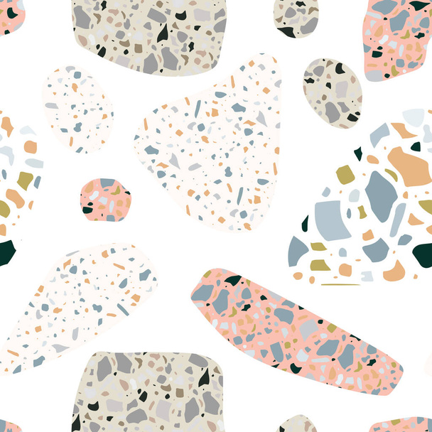 Terrazzo vector naadloos patroon in moderne, trendy kleuren. Gekleurde stenen vloer illustratie, marmeren vloer textuur achtergrond - Vector, afbeelding