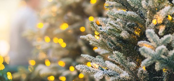 close up christmas tree with snow and light decorating with blur bokeh background - Photo, image