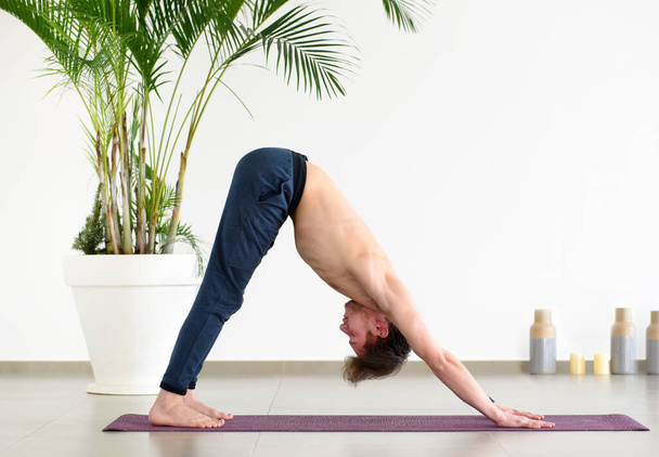 Geschmeidiger, fitter Mann, der auf einer Matte in einem High-Key-Fitnessstudio in niedriger Seitenansicht eine nach unten gerichtete Yoga-Haltung macht, für ein Gesundheits- und Fitnesskonzept - Foto, Bild