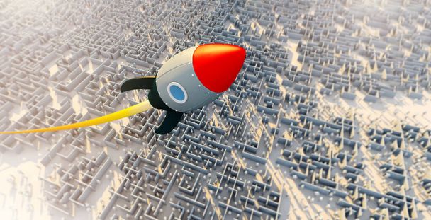 Ilustración 3D metáfora del negocio Tecnología de progreso e innovación con lanzamiento de cohetes rojos sobre laberinto de rompecabezas con multitud de personas por debajo del exitoso concepto de motivación de liderazgo
. - Foto, imagen
