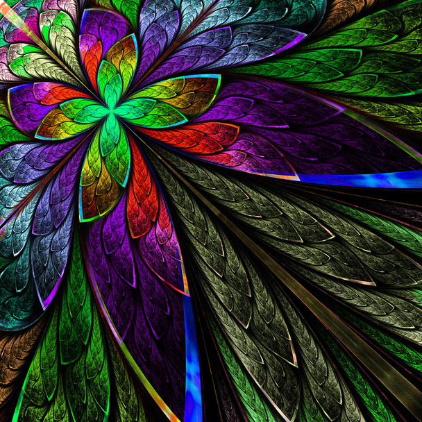 Multicolor fraktal kwiat na czarnym tle. - Zdjęcie, obraz