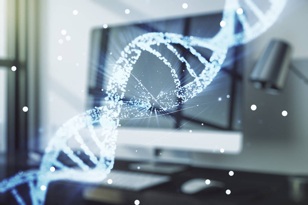 Creative concept with DNA symbol illustration on modern laptop background. Genome research concept. Multiexposure - Foto, imagen