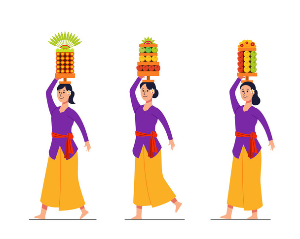 Vector character of girl on  Bali hindu ritual parade to the beach to perform  purification ceremony of Melasti. Suitable for hinduism theme. - Vector, Image