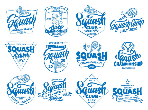 Serie von Vintage Squash Emblemen und Marken. Sportabzeichen, Aufkleber auf weißem Hintergrund. Sammlung von Retro-Logos mit handgezeichneten Texten, Phrasen. Vektorillustration. - Vektor, Bild
