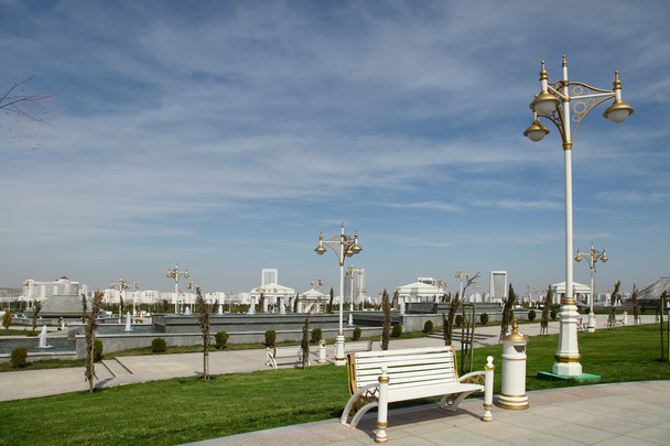 Modern apartamentes behind a young park. Ashkhabad. Turkmenistan - Photo, Image