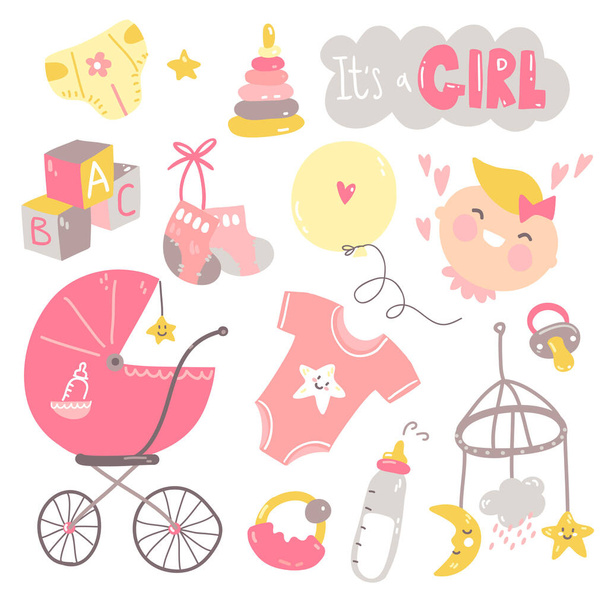 Het is een meisje doodle set. Roze en gele babyverzorging, voeding, kleding, speelgoed, gezondheidszorg spullen, accessoires. Vectortekeningen geïsoleerd - Vector, afbeelding