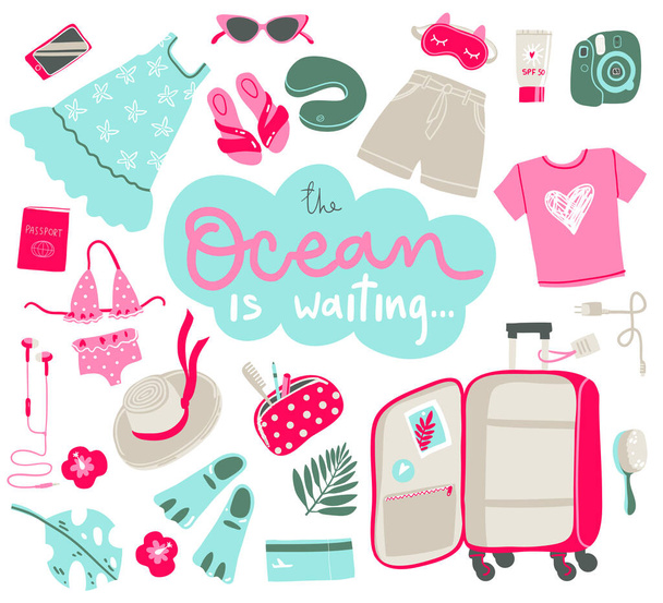 Travel illustrations elements, packing the suitcase on vacation at sea. Vector simple style. - Vector, imagen