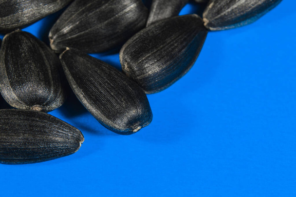 青い背景に孤立したマクロの黒いひまわりの種。食感が近い食品写真. - 写真・画像
