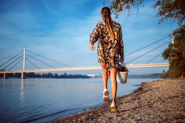 Rear view of slim attractive caucasian brunette in floral dress holding picnic basket and walking on the shore. - 写真・画像