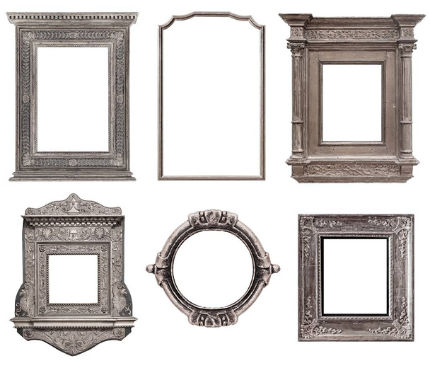 Set von silbernen gotischen Rahmen für Gemälde, Spiegel oder Foto isoliert auf weißem Hintergrund - Foto, Bild