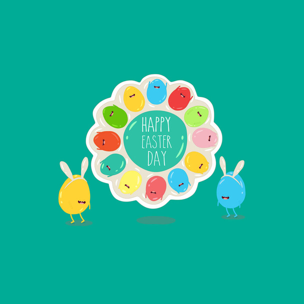 Vtipná velikonoční vajíčka v králičích uších na talíři. Veselé Velikonoce. Vektorový animák. Přátelská párty. Použít v menu, kartičku nebo nálepky - Vektor, obrázek