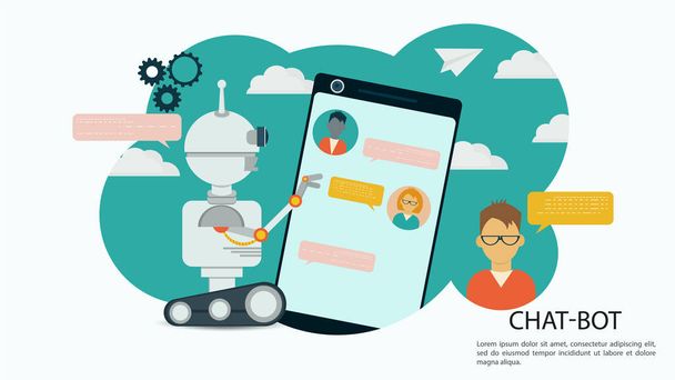 Banner, Chatbot Virtual Help, drückt am Telefon auf einem blauen Hintergrund zwischen Wolken, für eine Website oder mobile Anwendungen, das Konzept der künstlichen Intelligenz Flat Vector Illustration, für das Design - Vektor, Bild