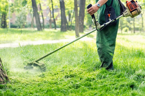 Worker mowing tall grass with electric or petrol lawn trimmer in city park or backyard. Gardening care tools and equipment. Process of lawn trimming with hand mower. - Photo, Image