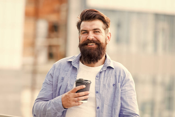 You deserve coffee break. Bearded man drink coffee during work break. Brutal hipster enjoy coffee break. Break time. Good morning mood. Happy vibes. Breakfast. Drink and food - Фото, зображення