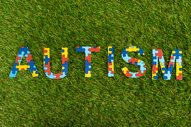Vue du dessus de l'autisme puzzle lettrage sur fond vert
 - Photo, image