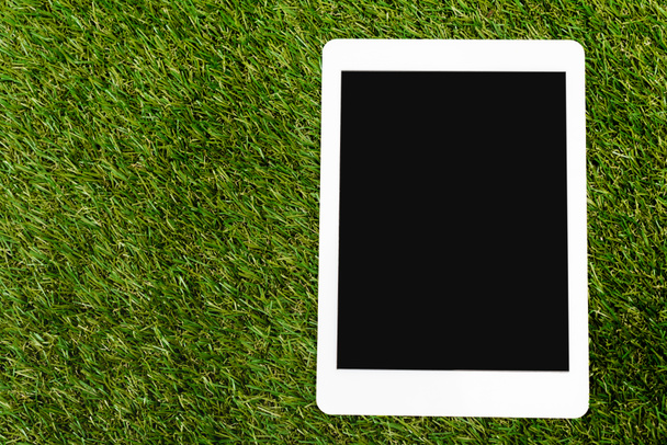Yeşil arkaplanda dijital tabletin üst görünümü, Dünya Günü konsepti - Fotoğraf, Görsel