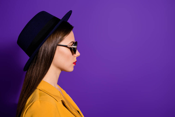Profile side photo of magnificent charismatic girl real businesswoman rich wealthy entrepreneur look copyspace wear trendy clothes isolated over violet color background - Photo, Image