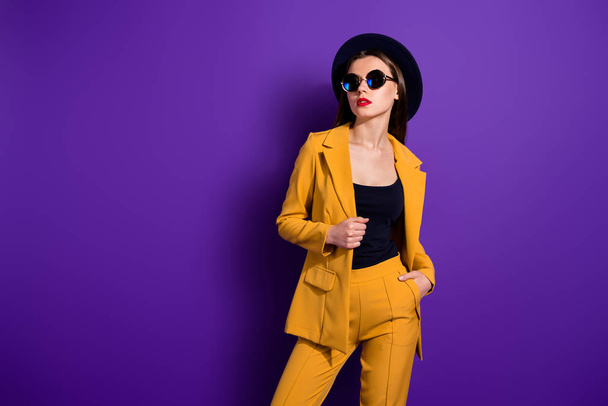Portrait of gorgeous stylish modern girl touch her blazer look copy space look want attract rich wealthy millionaire guy wear vintage outfit isolated over purple color background - Φωτογραφία, εικόνα