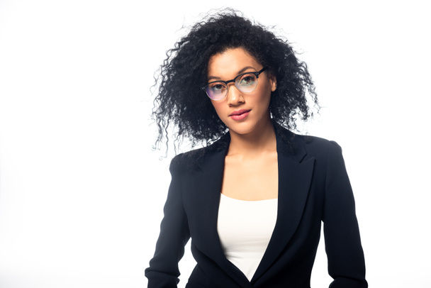 Front view of beautiful african american businesswoman in glasses isolated on white - Fotografie, Obrázek