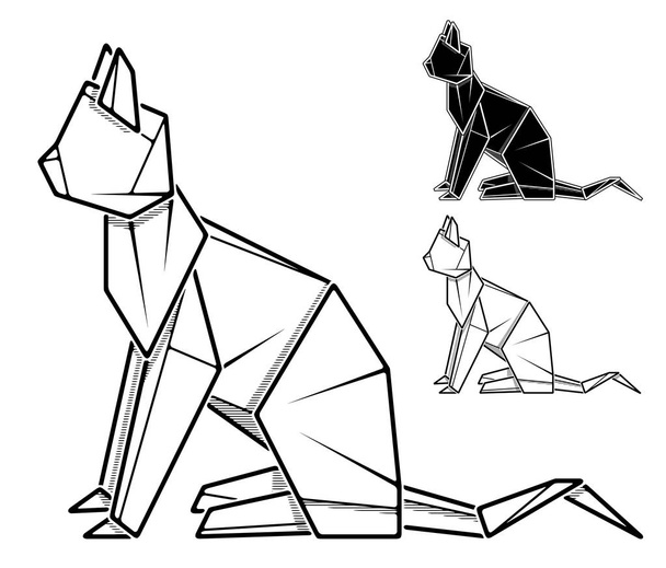 Imagem monocromática vetorial de origami de gato de papel (desenho de contorno por linha
). - Vetor, Imagem
